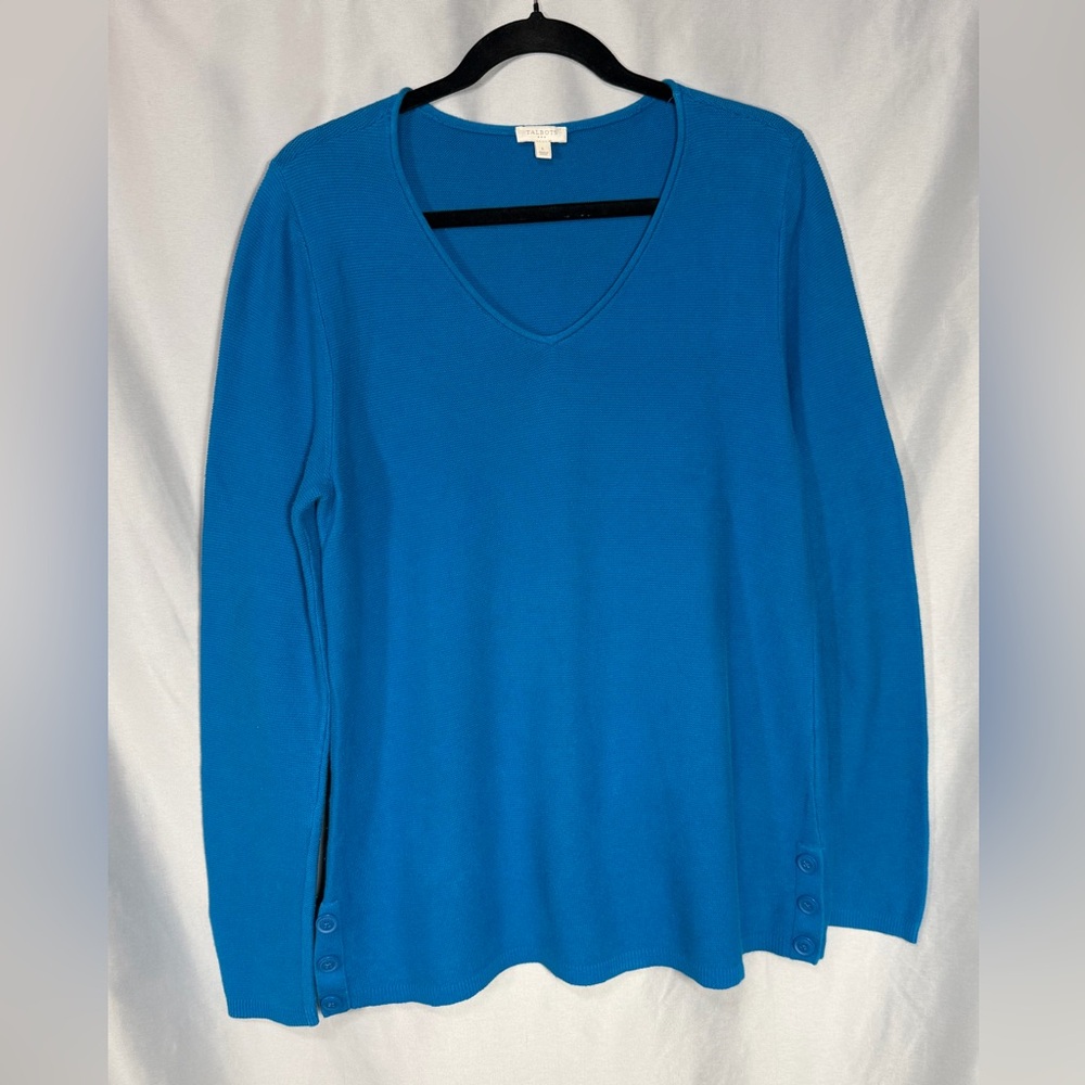 Talbots Women’s Bright Blue V Neck Long Sleeve Sweater Tunic Button Accent Sz L